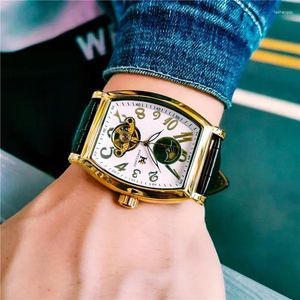 Armbanduhr Aokulasic Automatic Mechanical Mens Uhren Top Marke Hollow geschnitzte Tourbillon Watch Männer wasserdichte Luxusmond Phase Oval