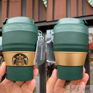 Water Bottle Starbucks Cup New Year Gift 384ml Classic Green Silicone Folding Cup With Chain Bag Portable Medföljande Cup L48