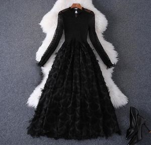 2020 Summer Long Sleeve Round Neck Black Pure Color Tulle Paneled Midcalf Dress Eleganta Casual Dresses MQ30879661138279