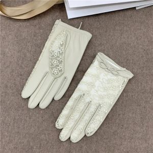 Thin Sheepskin Gloves Women's Leather Touch Screen Fashion Lace Unlined Short Spring and Autumn Driver's Gloves