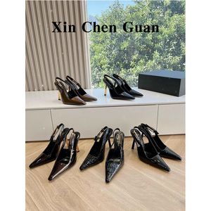 2024 spring new small pointed head shallow mouth sexy temperament black skinny heel Bao head after empty sandals Buckle Strap Lady women Party Dress shoes size 35-40