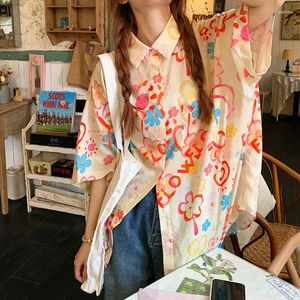 Kvinnors blusar harajuku mode fairycode blommor tröjor lös överdimensionerad knapp upp skjorta för kvinnor tonåringar flickor sommar halv ärm koreansk