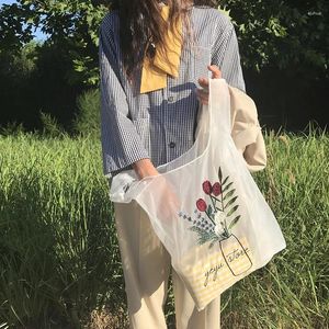 Axelväskor kvinnor sommar transparent organza tote väska blommig broderi casual handväska hög kvalitet klart nät handväska för flickor