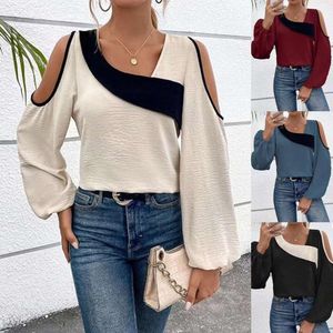 2024 Shirt Off Shoulder Patchwork Long Sleeved Fashionable Loose Fitting Women's Top F41829