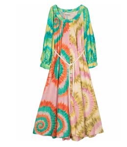 Trendig 2024 sommar ny designer klänning organisk bomull glittrande skarv tryckt snörning midjeklänning för kvinnor
