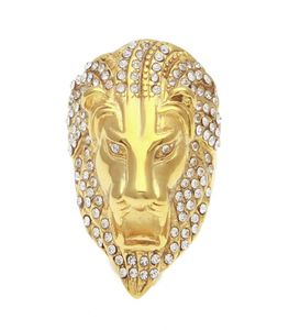 Mrożone Out Lion Head Pierścienie na męski Hip Hop Crystal Rhinestone Gold Animal Znak Pierścienie Kobiety Raper Hiphop Biżuter Prezent3603793