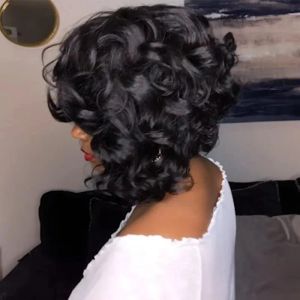 Peruki Kobiety Krótka czarna brązowa mieszanka falista peruka z boczną częścią grzywki naturalne włosy odporna na ciepło syntetyczną perukę dla czarnych kobiet