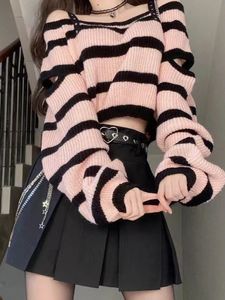 Süßes Off Schulter-Top Striped Strick Set Frauen Frühling Herbst würzige Mädchen hohe Taille Plisse