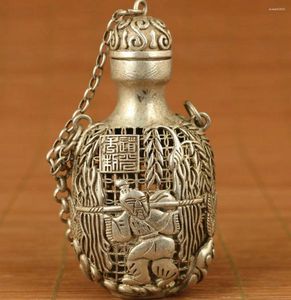 ボトル古代チベットシルバーハンドメイド彫刻された仏の木の彫像ホロースナッフボトル
