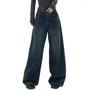 Frauen Jeans Retro Frauen hohe Taille gerade weites Bein lange Hosen Taschen Denim Pantalon Femme