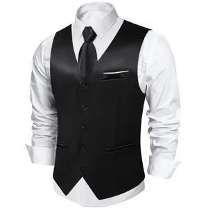 Coletes masculinos de cetim preto com luxuosos Cufflinks quadrados de bolso para homem de casamento de moda de casamento de casamento clássico Tuxedo Coloques