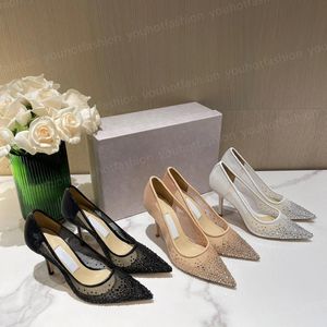 Дизайнерские туфли Slingback High Heels Lace Up мелкие нарезанные ботинки Сандалии средняя каблука Черная сетка с кристаллами сверкающие туфли для печати резиновая кожа женщина Сандале