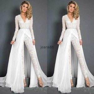 2021 Bohemian Lace Chiffon Wedding Dresses Jumpsuits Bridal Gowns With Overskirt Modest V Neck Long Sleeve Boho Beach Pant Suits Bride dress