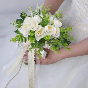 Wedding Flowers 10PC 9.45inch Simulated Silk White Peony With Green Leaves Bouquet Decoration Holding Flower Table Center