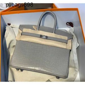 Handmade 7a Handbag Bikns Genuine Leather Misty crocodile skin pearl gray with 25CM womens top womensOD21