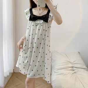 Women's Sleepwear Bow Applique Printed Satin Nightdress Princess Nightgown Nighty Gown Women Summer Court Style Home Dress