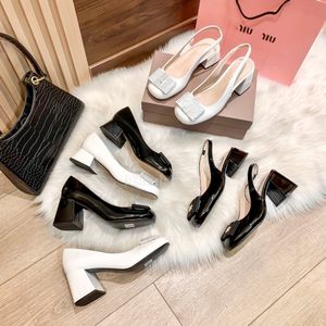MM Luxury dress shoe slingback sandal pumps designer women single shoes patent leather square headed block heels letter elegant gentles chunky high heel sandals