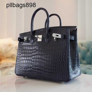 Handmade 7a Handbag Bikns Genuine Leather Deep Blue Mist Faced Crocodile Uncle Wax ThreadG5VE