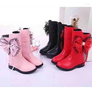 Boots High Quality Bow-knot Mid-calf Winter Round Toe Flat Botas For Girls #27-37 School Dress Shoes Kids PU Leather