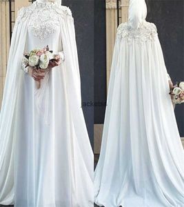 Beyaz Müslüman Gelinlik 2023 İslami Zarif Caped Florals Dantel Kale Gelinlik Uzun Kollu Şifon Dubai Arapça Gelin Vestido de Noiva Casamento Mütevazı