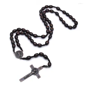 CHOKKER ROSARY NACKLACE Vintage Gesù Cross Catholic Brown Legno perline di preghiera gioielli religiosi per uomini donne