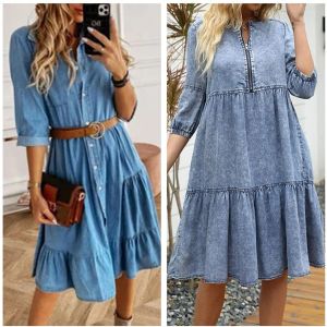 Dresses Fashion Jeans Woman Clothing 3/4 Sleeve + Cover Knee Dress Summer Fashion Casual Skinfriendly Slim Classic Denim Dress