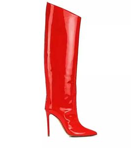 2024 Lady Sheepskin Patent Leather Stiletto High Heel Heel Heels Knight Boots Plated Over-in-the-onee Zipper 여성 허벅지 높은 길이 부티 Pillage Toe Wedding Shoes 큰 크기 34-48