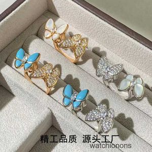 High-End Luxury Ring Fanjia V Gold High Ding Butterfly Ring White Fritillaria Double Full Diamond Blue Turquoise Fashion Precision Edition