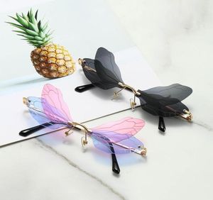 Mode Rimless Dragonfly Wing Solglasögon Kvinnor Vintage Clear Ocean Lens Eyewear Men Pink Yellow Sun Glasses Shades UV4008951252