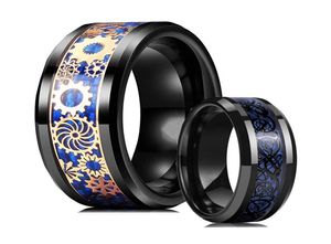 Trendy Men Steampunk Gold Gear Wheel Tungsten Carbide Rings Vintage Punk Black Dragon Pattern Ring Inlay Blue Carbon Fiber Rings1573482