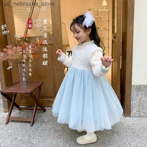 Vestidos de meninas garotas estilo chinês jacquard hanfu gaoze inverno crianças vestido de veludo grosso de ano novo q240418