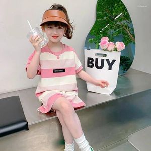 Clothing Sets 2024 SUMMER Children Set Girls Clothes Sport Tracksuit Teenager Striped T-shirt Pink Shorts Pant 4 5 7 8 9 10 11 12 Years