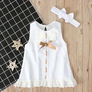 Girl Dresses Baby Summer Clothing Infant Born Lace Dress Sleeveless Bowknot Romper Rib Solid White Shift Gown Headband