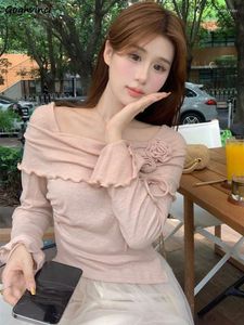 Damen T-Shirts Flare Sleeve T-Shirts Frauen Crop Tops süße sanfte Applikationen-Design-Temperatur ästhetische koreanische Stil Frühling Herbst Mode