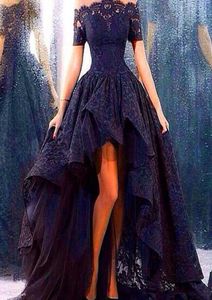 2019 Black Lace Evening Dresses Puffy Lace Gorgeous Ball Gown Off The Shoulder Short Sleeve High Low HiLo Prom Gowns7094186