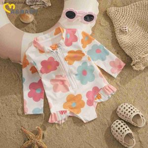 Jednoczęściowe MA Baby 1-5y Toddler Baby Swimsuit Childrends Drukowane zamek błyskawiczny strój kąpielowy z długim rękawem garnitur na plaży Summer Swimsut Q240418