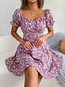 Basic Casual Dresses Women Casual Floral Print Short Sleeve Slim Waist Ruffles A Line Dress Summer Clothing