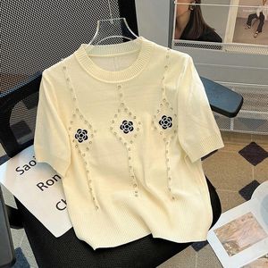 Women's T Shirts 2024 Summer Korean Ladies Fashion Embroidery Knitwear Tops For Women Vintage Round Neck Short Sleeve Knitted Pullover