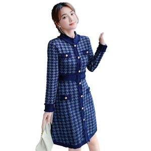 Women long sleeve dress knitted bodycon o-neck blue houndstooth plaid gird tunic pencil desinger vestidos