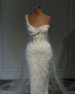 Luxury Mermaid Wedding Dresses Sexy One Shoulder Beading Appliques Lace Bridal Gowns Custom Made Lace-Up Back Sweep Train