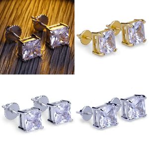 Gold Fashion Hiphop Iced Out CZ Cubic Zircon Square Studörhängen 0,4 0,7 0,9 cm gåvor för män Full Diamond Earring Studs Rapper Jewelry S