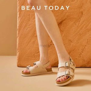 Sandaler Beautoday Sandaler Kvinnor äkta ko läderfront och riktiga remmar fasta färglägenheter fritid sommarskor handgjorda 34548 240419