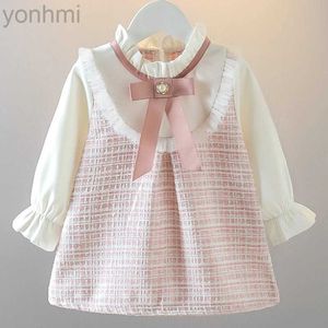 Girl's Dresses New In Spring Toddler Girl Dresses Korean Fashion Cute Bow Mesh Plaid Long Sleeve Princess Kids Dress Baby Clothes Outfit BC464 d240423