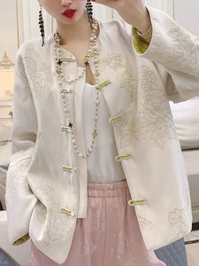 Chinese Style Improved Hanfu Embroidered Jacket Women Spring Autumn Retro Stand Collar Long Sleeve Elegant Tang Suit Tops 240408