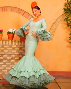 Elegant sjöjungfru flamenca prom klänningar flare långa ärmar tiered pluffy salvia organza satin aftonklänning golvlängd spansk mexico special tillfälle klänning 2024