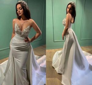 Arabian Dubai Overskirt Wedding Dresses Simple Satin Sequins Beaded Vintage Bridal Gowns Lace-up Back With Detachable Train Mermaid Bride Vestidos De Novia YD