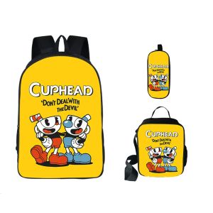 Сумки Новые 3 ПК/SET CUPHEAD GAME MUGMAN SCHOOL BARKPACK Дети мальчики Книжные мешки мультфильм начальные ученики на плечах рюкзак мочила подарок