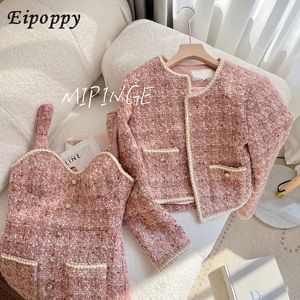 Мода маленький аромат жилет Slim Pling Mini Bodycon o Nece Pink Tweed Jacket Cenped Two Piece Sets 240412