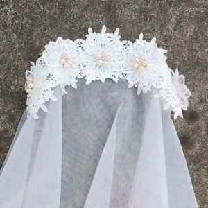 Hårklipp 2 Tier Vintage Women Wedding Veil Floral Lace Applique Imitation Pearl Rhineston