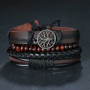 Chain IFMIA 3/4Pcs/ Set Braided Wrap Leather Bracelets for Men Vintage Life Tree Rudder Charm Wood Beads Ethnic Tribal Wristbands d240419